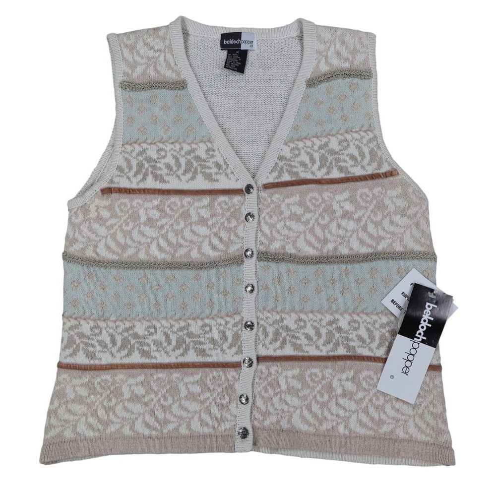 Beldoch Popper Sweater Vest Women M Vintage 90s NWT Natural Ramie Cotton Floral